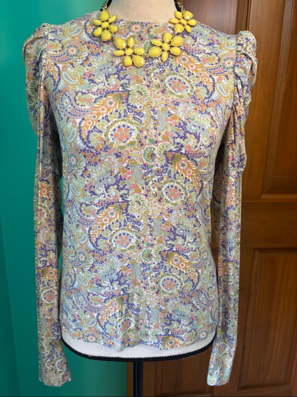 Paisley Long-Sleeve Crewneck Top in Lavender Multi